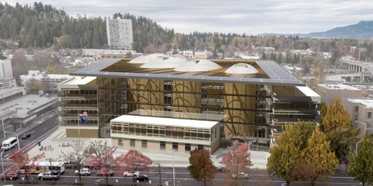 Proposed design of the Lane County courthouse, a five storey mass timber civil building.